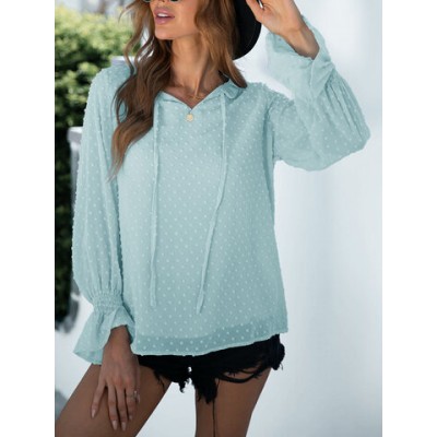 Women Other | Swiss Dot Tie Front Long Sleeve Fungus V-neck Blouse - PH70486