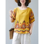 Women Other | Tribal Pattern Embroidery O-neck Half Sleeve Vintage T-shirt - FU14030