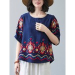 Women Other | Tribal Pattern Embroidery O-neck Half Sleeve Vintage T-shirt - FU14030