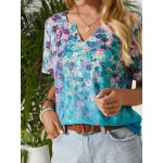 Women Other | V-neck Short Sleeve Floral Print Casual Women T-Shirt - HL24685