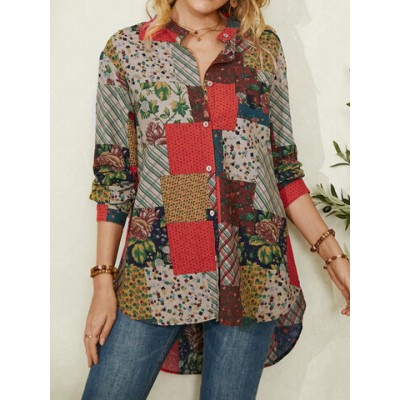 Women Other | Vintage Ethnic Floral Print Patchwork Button Curved Hem Casual Blouse - TA31169