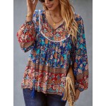 Women Other | Vintage Floral Pattern Patchwork Knotted Loose Women Blouse - IU75486