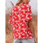 Women Other | Women Short Sleeve Leaves Print V-neck Knotted Chiffon Blouse - CW98705