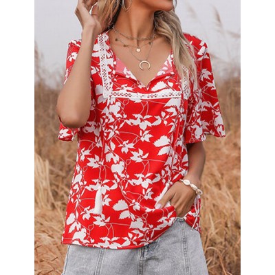 Women Other | Women Short Sleeve Leaves Print V-neck Knotted Chiffon Blouse - CW98705