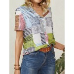 Women Other | Women Stripe Geometric Print Button Short Sleeve Lapel Blouse - YM42465