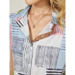Women Other | Women Stripe Geometric Print Button Short Sleeve Lapel Blouse - YM42465