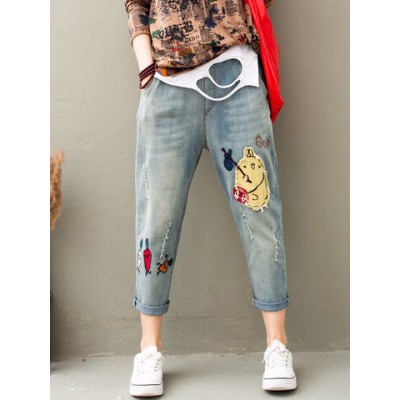 Women Other | Cartoon Embroidered Drawstring Waist Jeans For Women - XI03261