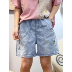 Women Other | Floral Embroidery Elastic Waist Denim Shorts For Women - ND50008