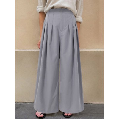 Women Other | High Waist Wide-Legged Front Zipper Side Pockets Pleated Pants - FD72034