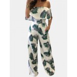 Women Other | Leaves Print Ruffle Pocket Off-shoulder Casual Jumpsuit for Women - FI39281