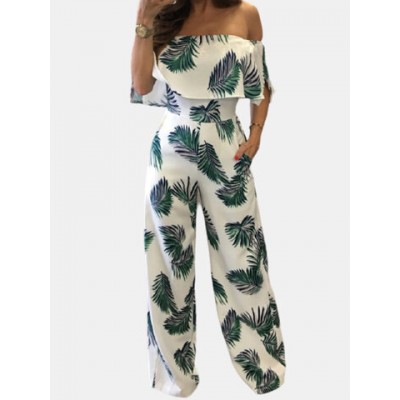 Women Other | Leaves Print Ruffle Pocket Off-shoulder Casual Jumpsuit for Women - FI39281