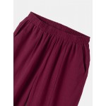 Women Other | Plain Solid Color Elastic Waist Casual Cotton Women Pants - RD91116