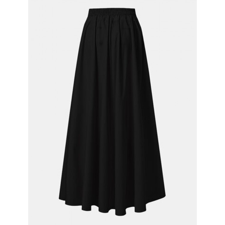 Women Other | Solid Color Plain Pleated Elastic Waist Long Casual Skirt for Women - VR48386