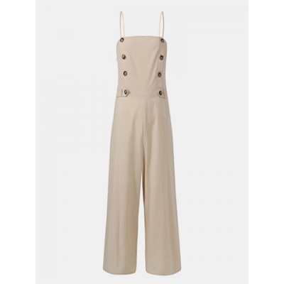 Women Other | Solid Color Pleated Adjustable Button Zipper Strap Loose Casual Jumpsuit - UT42153