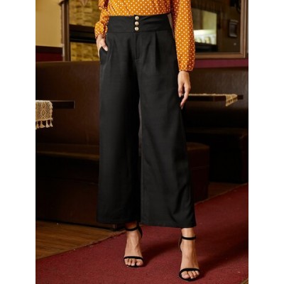 Women Other | Solid Color Side Pocket Front Button High Waist Loose Casual Pants - TF36731